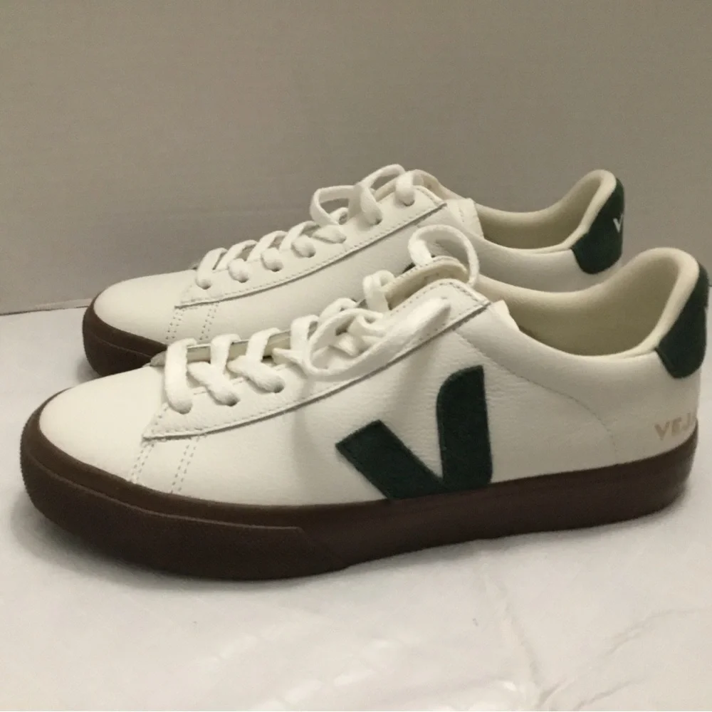 Veja White Sneakers with Green V Logo and Brown Sole